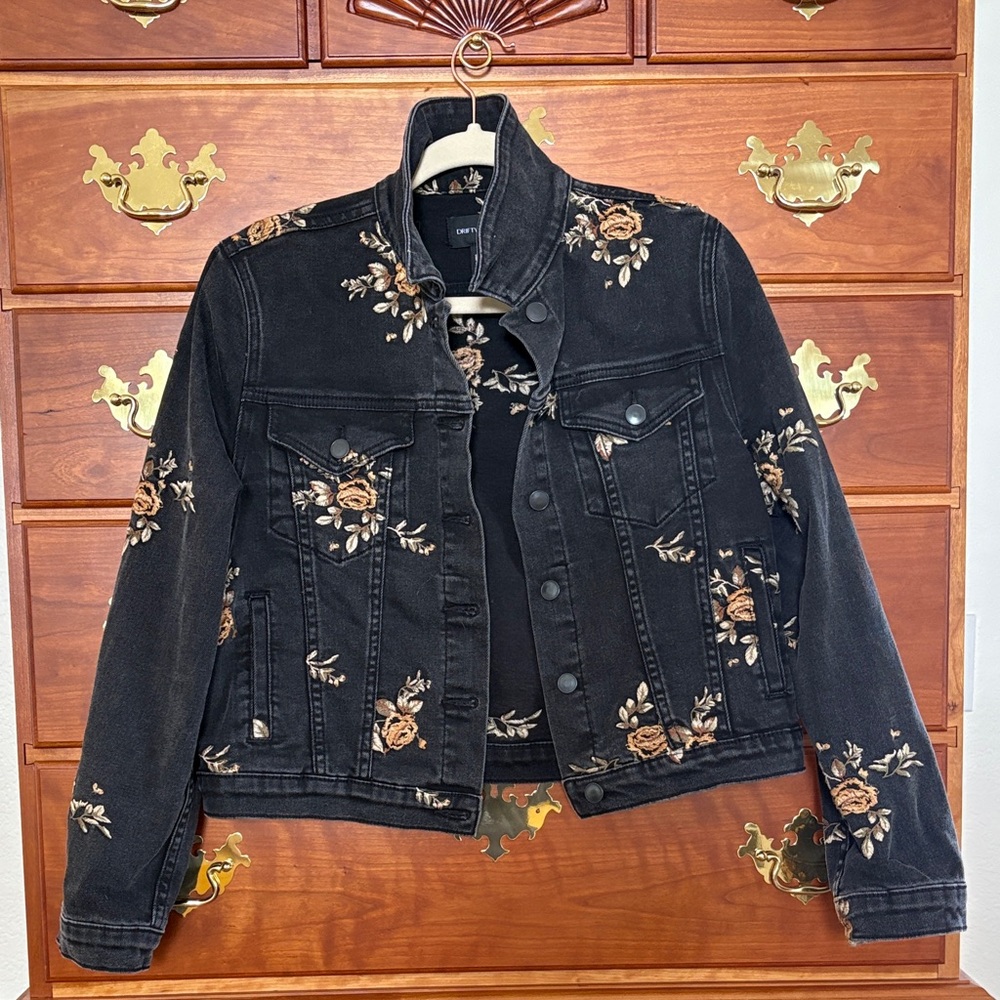 DRIFTWOOD Black Denim Jacket with Tan Floral Embroidery